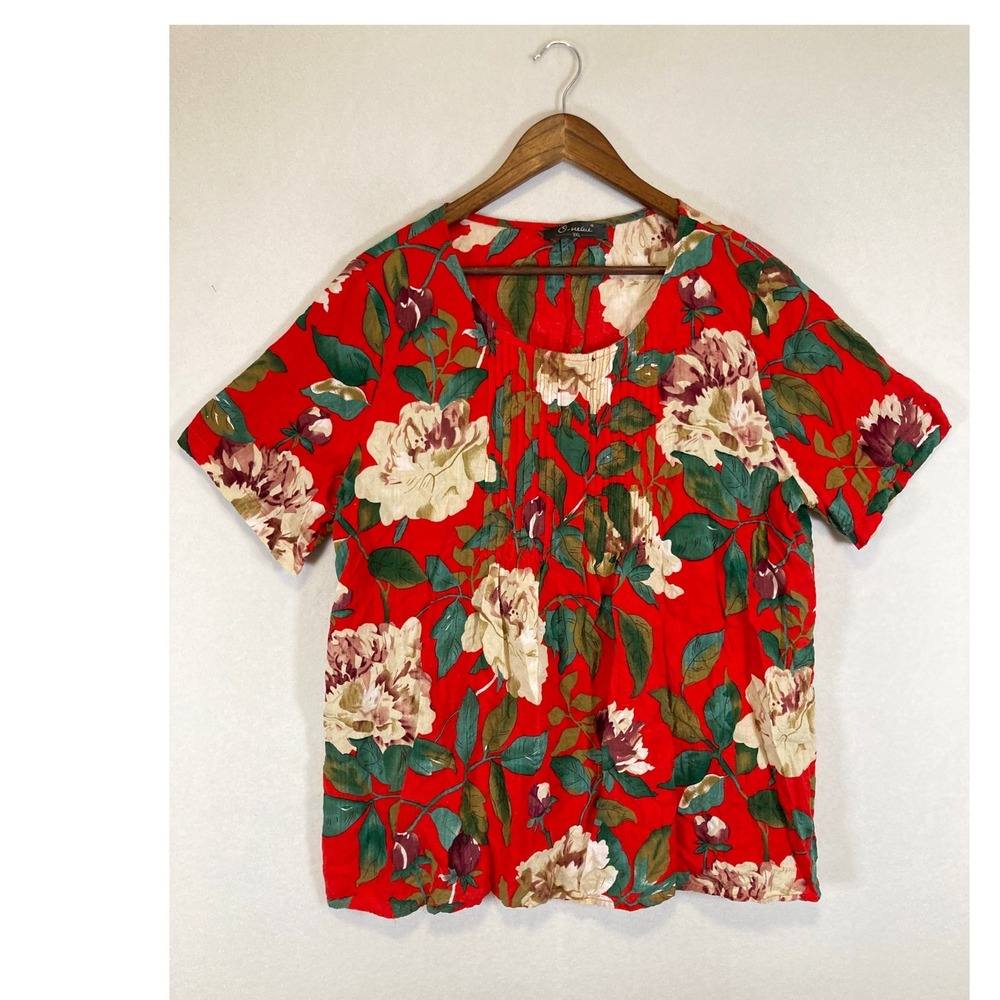 Cottagecore O-Melee Womens 3XL Red Floral Peony Pleated Short Sleeve‎ Blouse